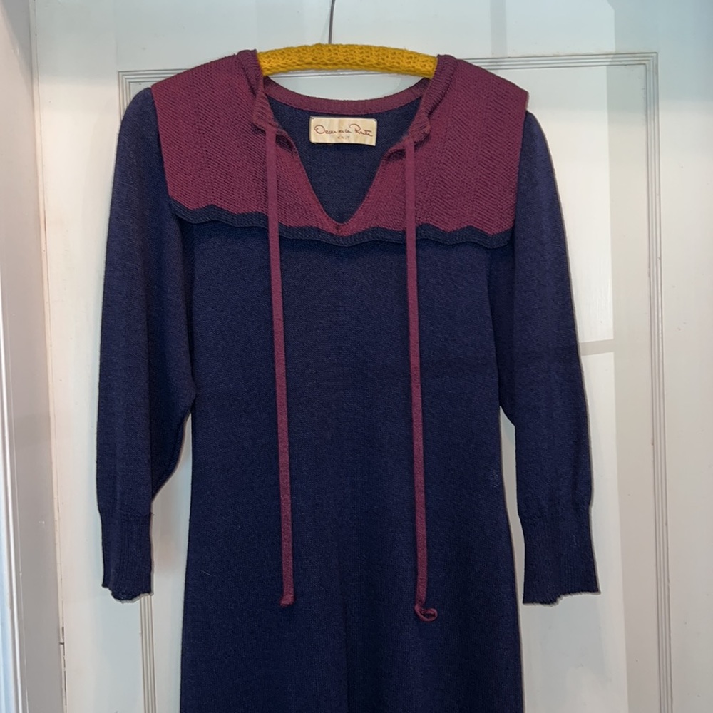 Vintage Oscar De La Renta knit dress navy blue & burgundy